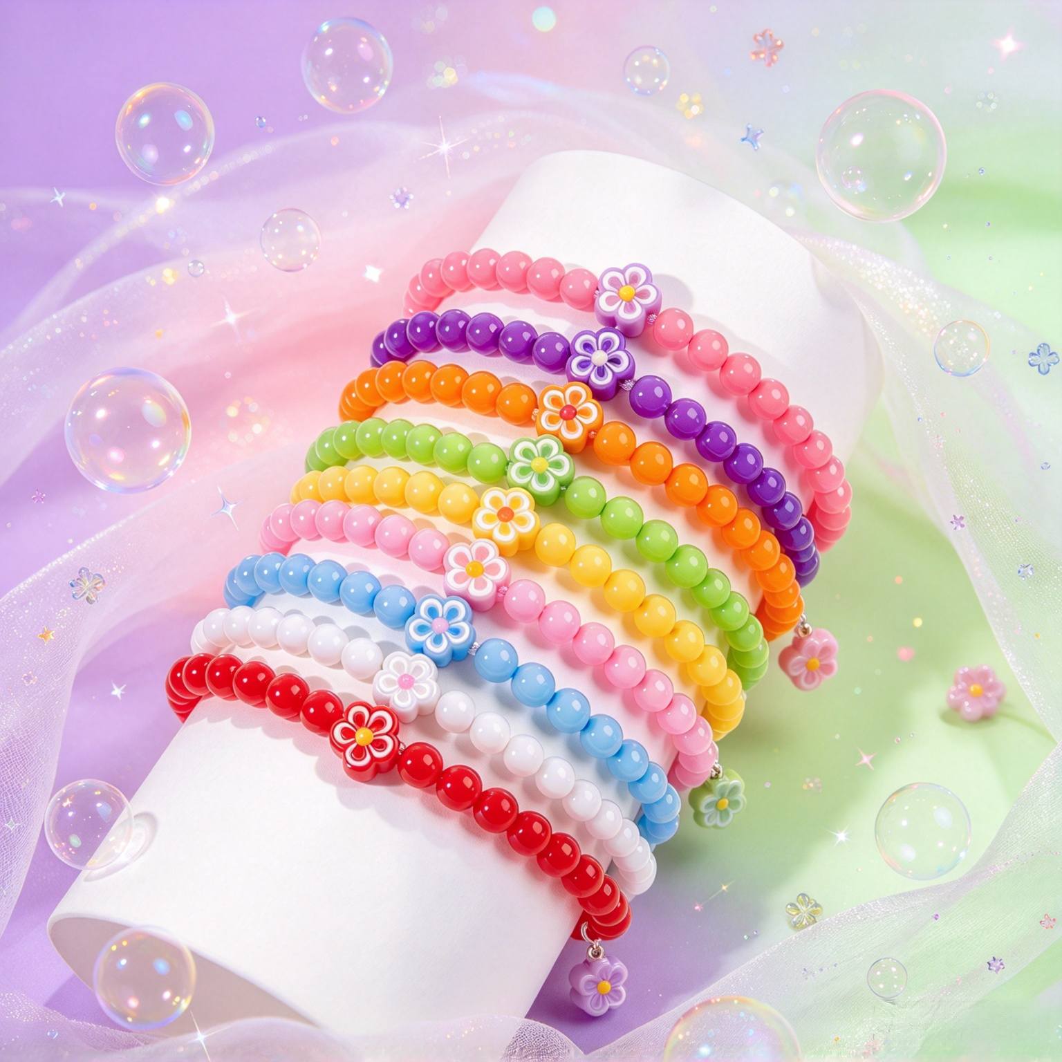 20pc Sweet Dopamine Colored Flower Bead Bracelet Set